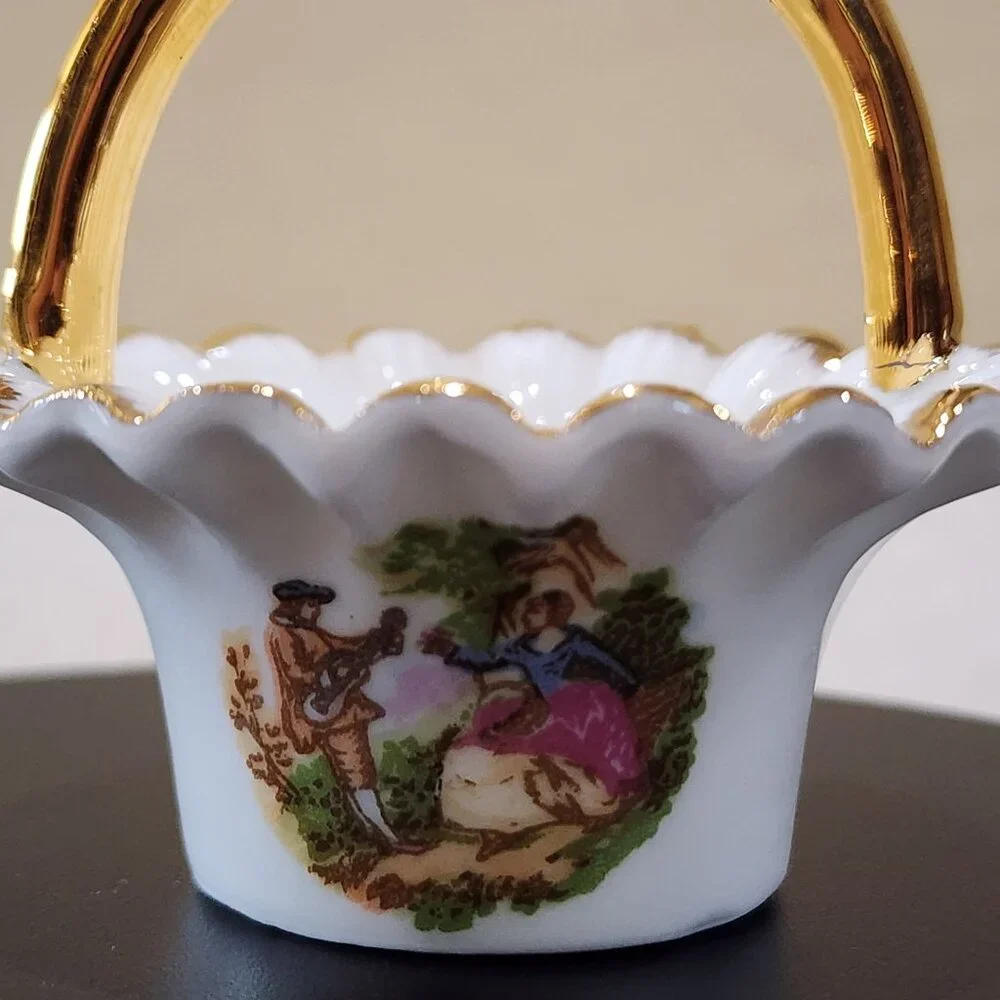 Courting Couple SALT Handled MINI Basket Vintage BRINTON Bone China Gold Accent
